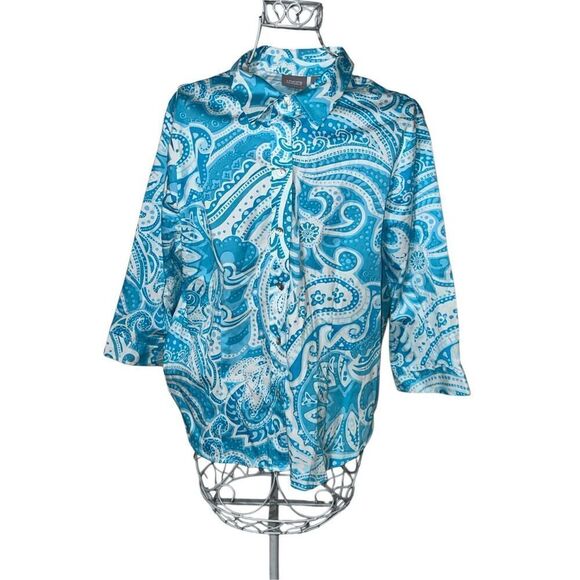 GREAT CONDITION WOMEN CHICOS CHICOS White Aqua Blue Graphic Aztec Button Up SHIR - Picture 1 of 7